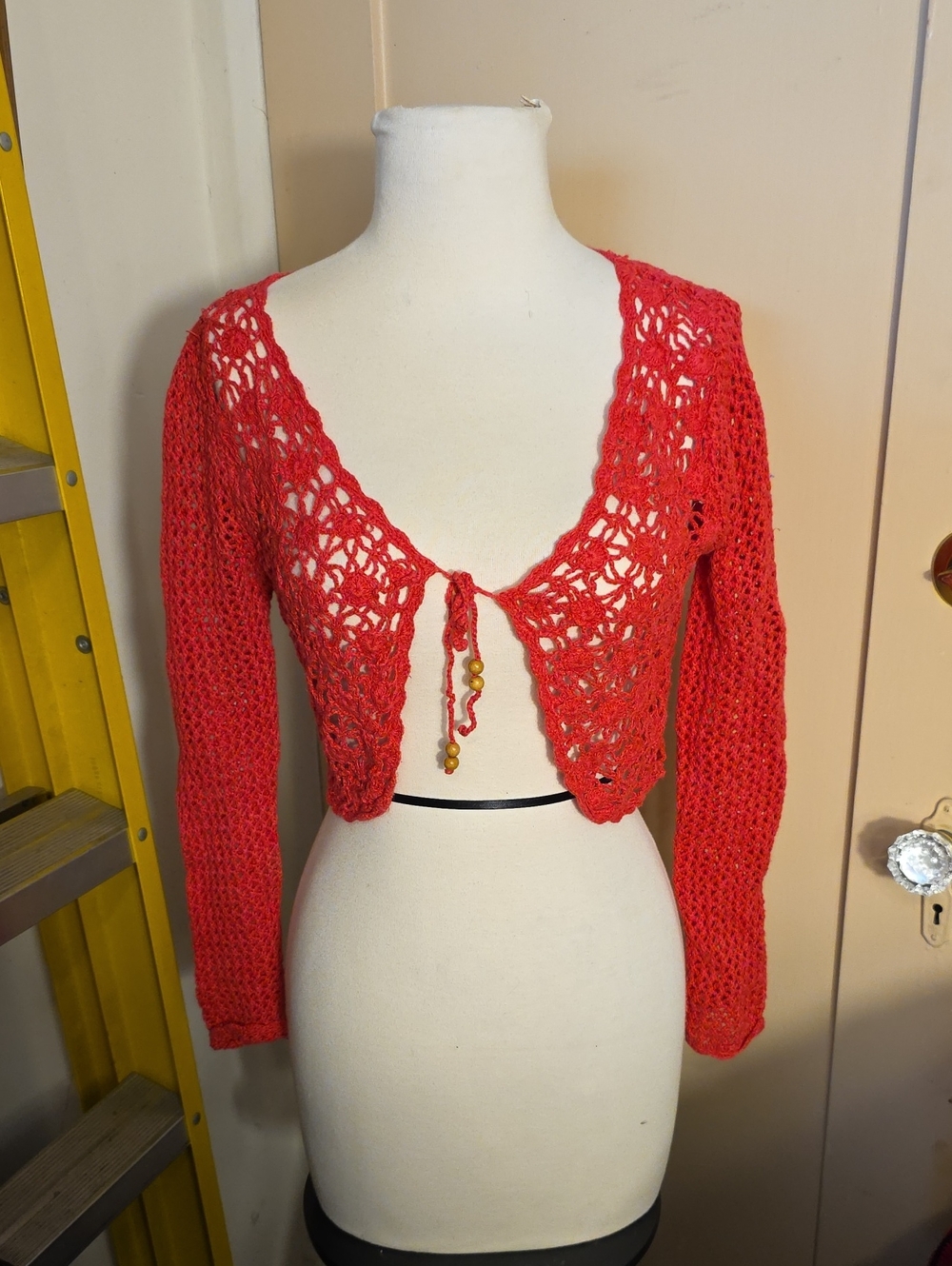 No Boundaries Coral Tie-Front Crocheted Shrug